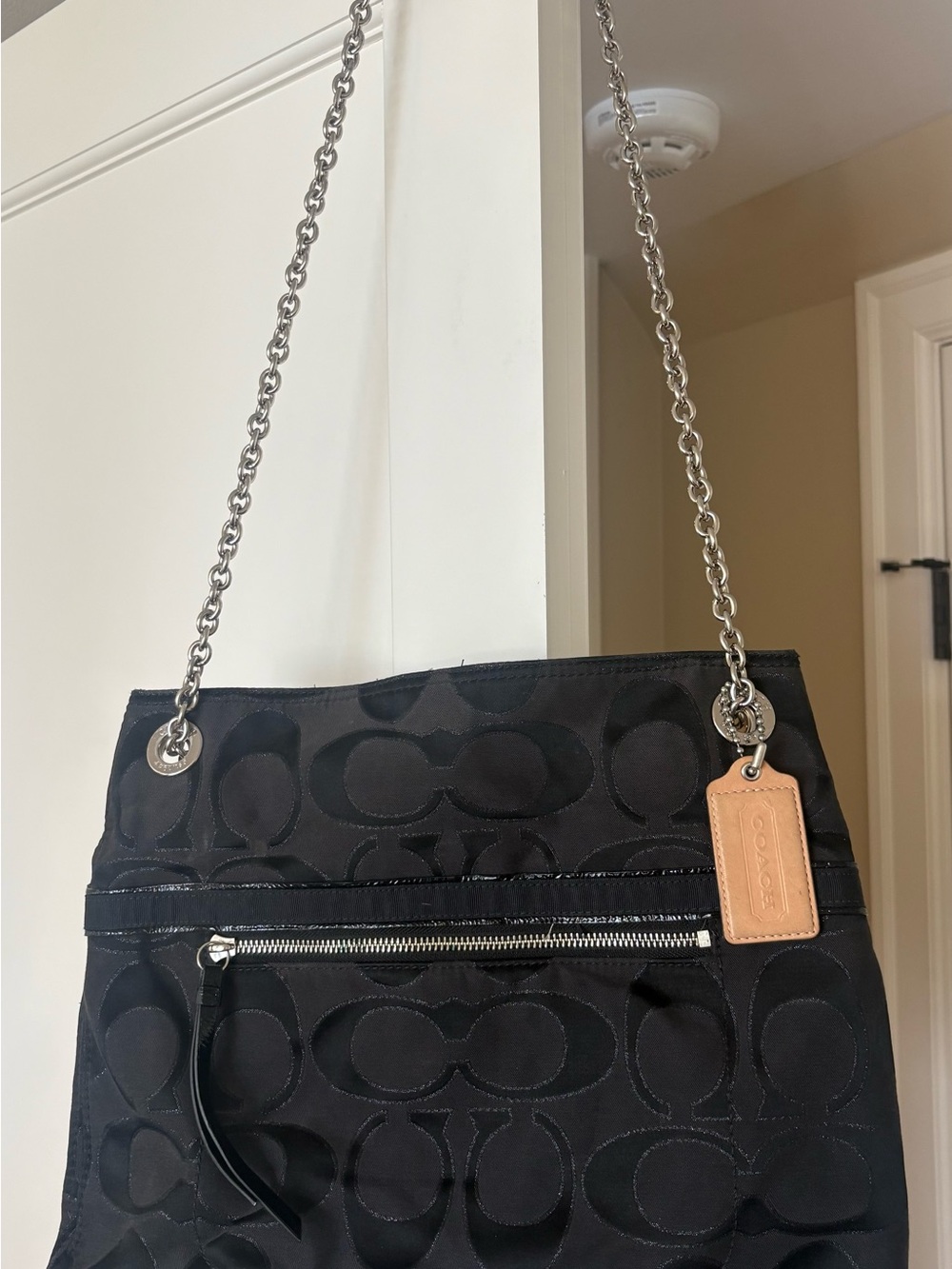 Coach Black Signature Canvas Chain Strap Shoulder Bag with Leather Tag